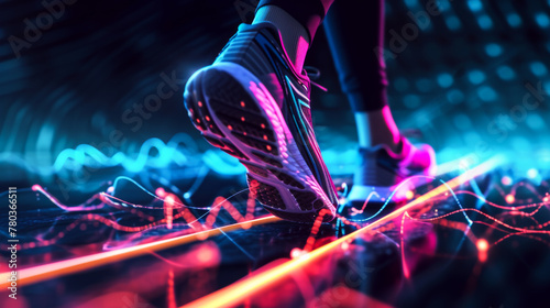 Close-up of shoes for sports and fitness on a dark background with neon lines. Sneakers and graphics for training, exercise and balance. Sports concept. Active lifestyle.