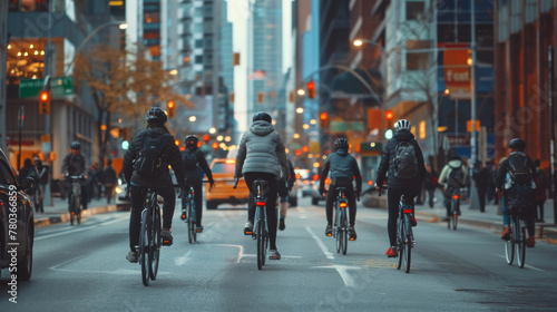Bustling city street filled with cyclists commuting to work, showcasing the popularity of eco-friendly transportation modes, bike-sharing programs, vibrant energy of bike-friendly urban environment