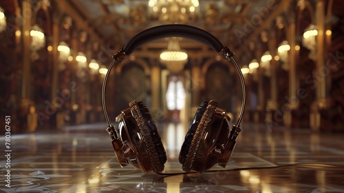 Headphones with a retro motif surrounded by opulent decor in a high end boutique.