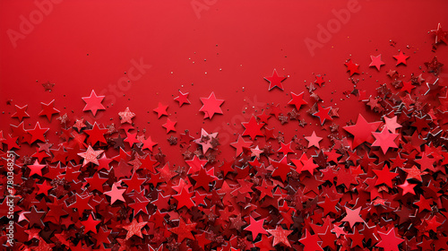 Silver stars at the top of the page.Christmas red background, banner with space for your own content. Blank space for the inscription,Abstract background of translucent stars in red colors 