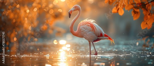 Flamingo Wading in Water at Sunset with Legs and Head Submerged. Concept Wildlife Photography, Sunset Silhouette, Animal Behavior