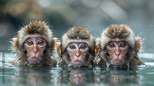 Three japanese macaque monkeys bathing in a pond and looking into the camera