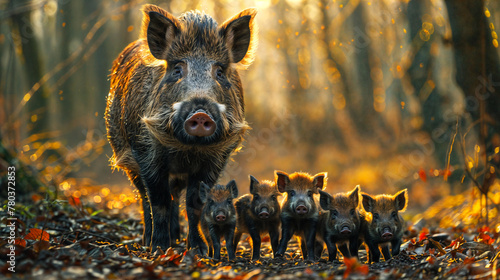 A wild boar mother and a group of her babies standing in the forest and looking at the camera