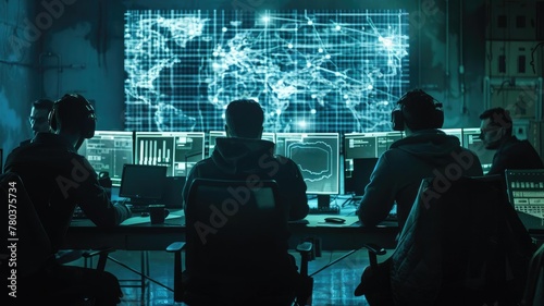 This dramatic image depicts a group of hackers gathered in a dark room, surrounded by computer screens displaying intricate digital maps of the Ukrainian power grid. They coordinate a sopGenerative AI