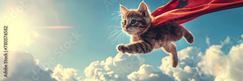 A cat in a superhero costume with a red stripe on its chest, Whiskered Avenger: Cat Donning Superhero Costume with Red Emblem