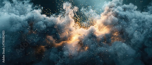 Explosion of particles and smoke on a dark background. 3d rendering,A vast expanse of space filled with countless stars shining brightly, creating a mesmerizing sight of the cosmic sky. 