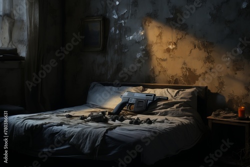 A gun is seen laying on a bed in a dark room, casting a chilling presence in the dimly lit environment. The image evokes a sense of danger and unease