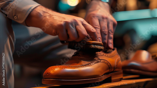 Close-up of hands polishing elegant leather shoes, craftsmanship.