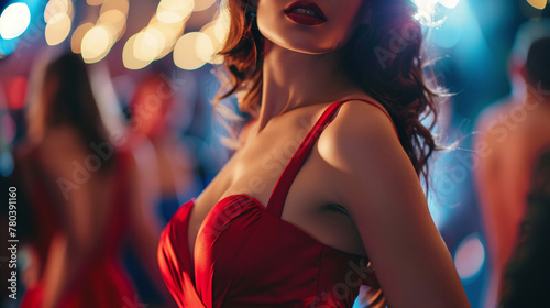 Young beautiful woman model in a red dress dancing in a club
