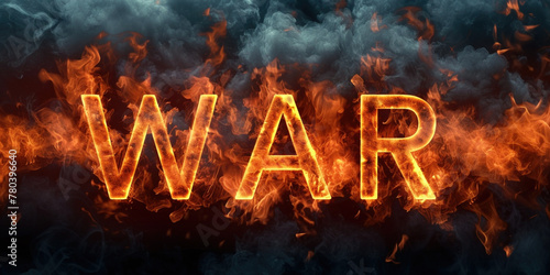 Word War made of fire flames with red smoke behind hot metal font in flames isolated on black background. Alphabet powerful font letter 
