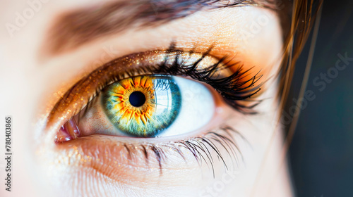 Close-up of a human eye showcasing detailed iris patterns, eyelashes, and a hint of the eyebrow; focus on ocular beauty.