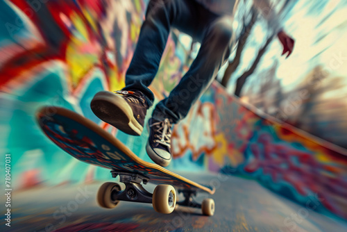 AI generated illustration of a skateboarder on pavement with vibrant graffiti walls in background