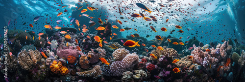 A large school of fish gracefully swims over a vibrant coral reef in the ocean depths