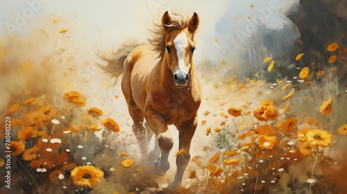 AI generated illustration of a majestic horse standing in a field of bright yellow flowers