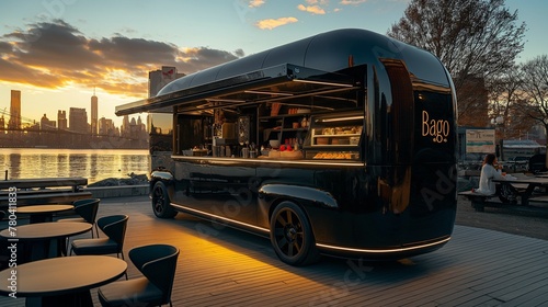 AI generated illustration of a black and gold food truck parked on a bridge by a river