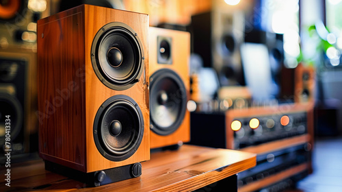 A pair of vintage wooden speakers on a shelf with stereo equipment blurred in the background. Retro audio setup.