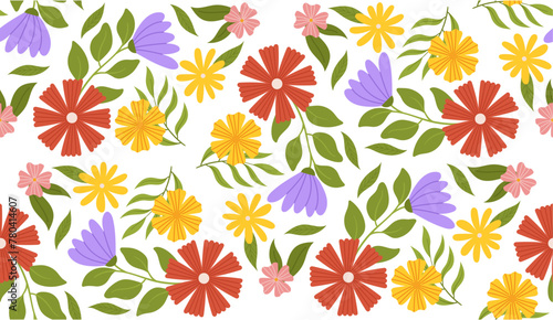 Seamless pattern with floral elements. Botanical inspired repeated design with red, yellow, lilac and pink flowers, branch with leaves.