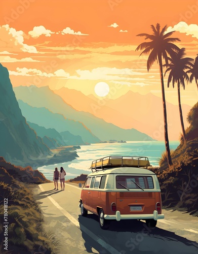 AI generated illustration of a vintage van parked on a scenic road lined with palm trees