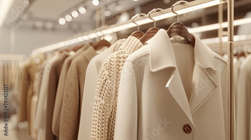 A sophisticated display of a white-beige coat and sweater on hangers in a high-end fashion store. These classic pieces showcase timeless elegance in women's fashion.