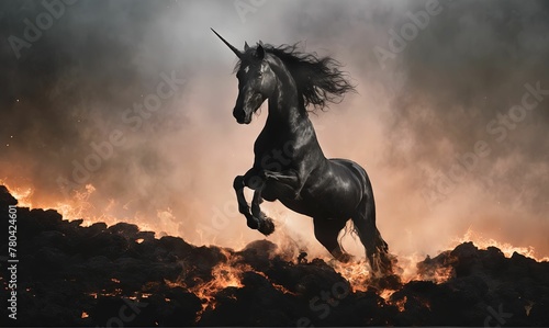 A black horse running across a grassy field illuminated with swirls of orange and yellow fire