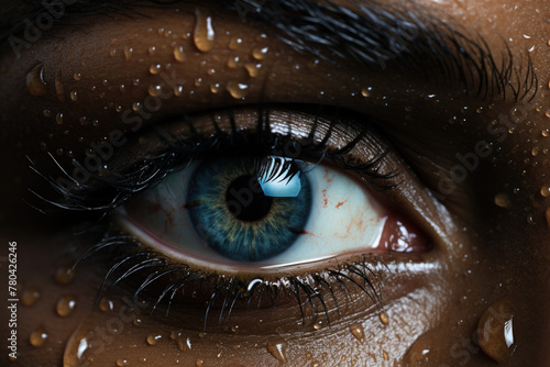 Beautiful close-up macro eye of African American woman with dops on face