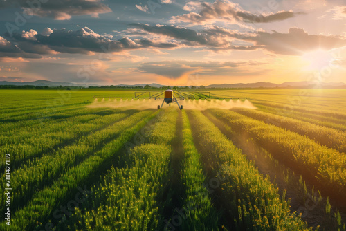a tractor is spraying pesticides in a field at sunset