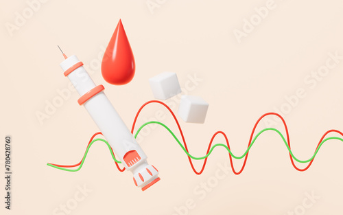 Cartoon insulin pen injection and blood glucose, 3d rendering.