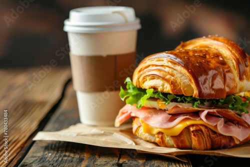 Delicious breakfast croissant sandwich with coffee on wooden table. Breakfast Croissant Sandwich with Coffee