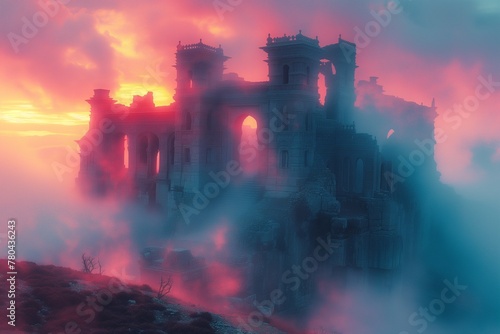 AI-generated illustration of An ancient structure shrouded in mist atop a hill under sunset skies