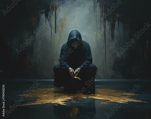 A Dark Illustration of a Mysterious Hooded Figure in a Sitting Position, Desolation and Melancholy Concept, AI Generative