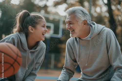 Generational bonding over basketball, smiling young girl and senior man sharing a joyful moment, active family concept.