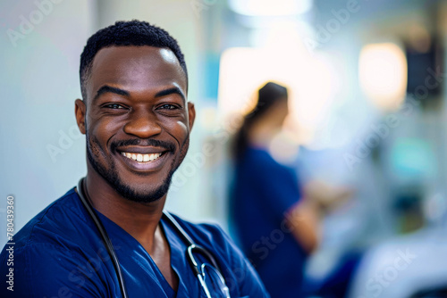 A smiling male nurse in medical scrubs with a satisfied expression stands in a hospital corridor, professionals in motion