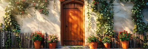 Old European Door Surrounded by Green, Rustic Charm of a Mediterranean Village, Serene Architectural Beauty