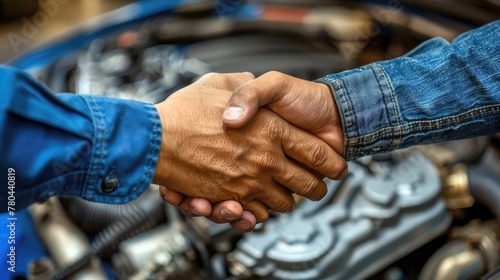 Two men shake hands in front of a car engine