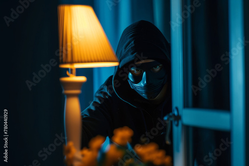 A faceless figure in a hoodie uses a crowbar to break into a house at night, with a mood of secrecy and threat