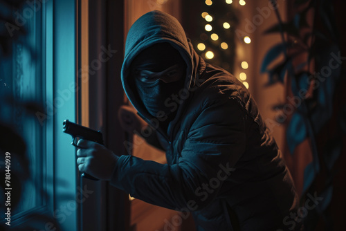 A sinister figure in a hoodie and mask holds a gun, suggesting danger, crime, and suspense during a nighttime burglary attempt