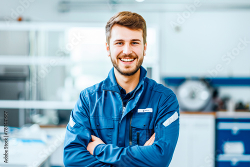 A young male technician's smile conveys friendliness and competence in a well-equipped technical lab