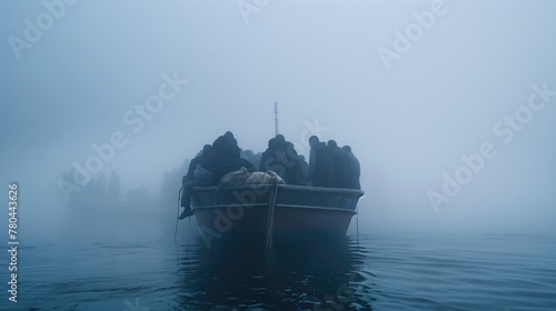 Syrian refugee family of immigrants on a little old boat in thiсk fog seeking for shelter and relocation or people running from war and infringement of rights by water