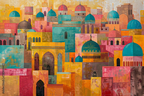 Colorful medieval arabic cityscape with buildings and domes, vibrant abstract painting