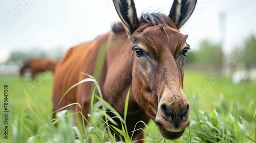 Close-up of a brown mule in a field with grass, nature surrounding, and farm in the background