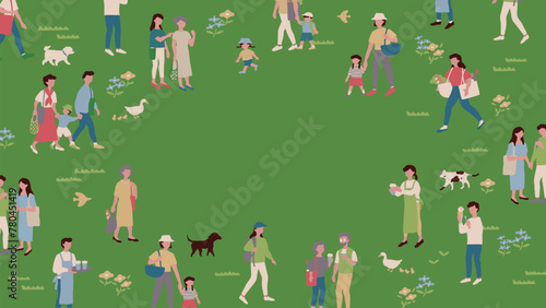 Vector illustration of a family, man and woman on holiday. 休日のおでかけをするファミリーや男性、女性のベクターイラスト素材