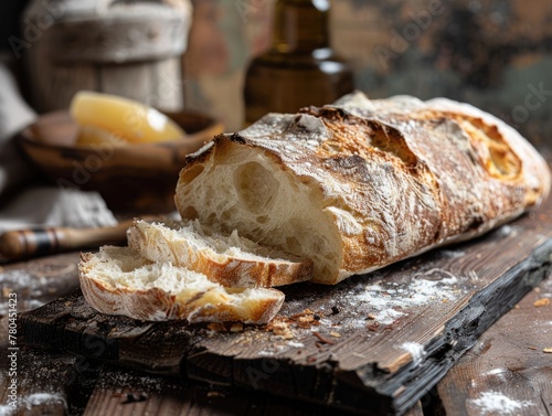 Freshly Baked Ciabatta Bread. Rustic Sliced Bread on Wooden Board