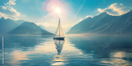 Serene scene of a sailboat on a calm lake, surrounded by majestic mountains under the bright sun. The tranquil water reflects the natural beauty of the landscape
