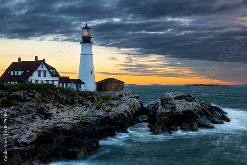 Scenic view of the Portland Head Lighthouse with a beautiful sunset visible in the background