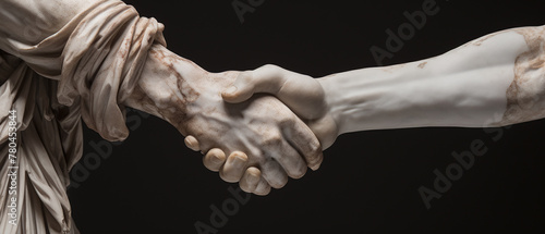 Close-ups of the handshake of Greek statues.