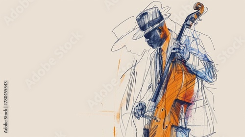 Harmonic Hues: Double Bass Player in a Symphony of Blue, Artistic Line Sketch