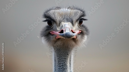 Close-up ostrich portrait with detailed feathers, beak, and intense eyes