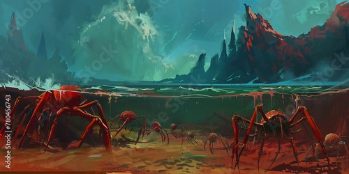 a painting shows a large group of large spiders standing in the water