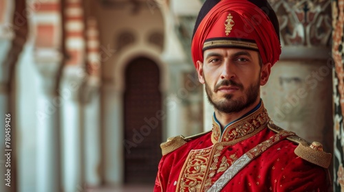 Janissary in Ottoman uniform with red fez and detailed embroidery poses seriously