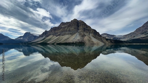 Panoramic view of Bow Lake in Banff National Park in Alberta, Canada
